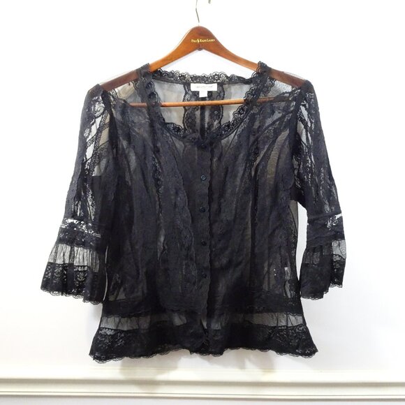 Coldwater Creek Black Lace Button Down Sheer Size PXL Goth Fairycore Whimsy - Picture 1 of 8